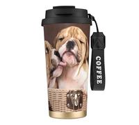 YXDVPALNE Embrasser des chiots bouledogues anglais,Tasse à café isotherme en acier inoxydable 316 avec cordon, 500 ml, idéale pour les voyages en voiture