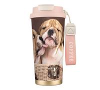 YXDVPALNE Embrasser des chiots bouledogues anglais,Tasse à café isotherme en acier inoxydable 316 avec cordon, 500 ml, idéale pour les voyages en voiture