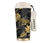 YXDVPALNE Feuilles tropicales dorées et noires,Tasse à café isotherme en acier inoxydable 316 avec cordon, 500 ml, idéale pour les voyages en voiture
