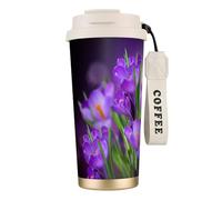 YXDVPALNE Feuilles vertes et fleurs violettes imprimées,Tasse à café isotherme en acier inoxydable 316 avec cordon, 500 ml, idéale pour les voyages en voiture