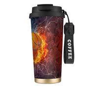 YXDVPALNE Flammes de basket-ball et gouttes d'eau,Tasse à café isotherme en acier inoxydable 316 avec cordon, 500 ml, idéale pour les voyages en voiture