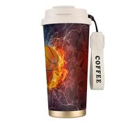 YXDVPALNE Flammes de basket-ball et gouttes d'eau,Tasse à café isotherme en acier inoxydable 316 avec cordon, 500 ml, idéale pour les voyages en voiture
