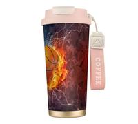 YXDVPALNE Flammes de basket-ball et gouttes d'eau,Tasse à café isotherme en acier inoxydable 316 avec cordon, 500 ml, idéale pour les voyages en voiture