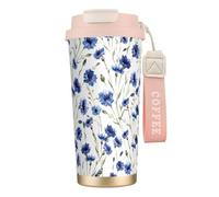 YXDVPALNE Fleur de bleuet,Tasse à café isotherme en acier inoxydable 316 avec cordon, 500 ml, idéale pour les voyages en voiture