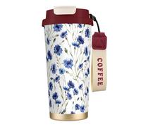 YXDVPALNE Fleur de bleuet,Tasse à café isotherme en acier inoxydable 316 avec cordon, 500 ml, idéale pour les voyages en voiture
