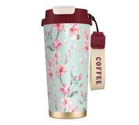 YXDVPALNE Fleur de cerisier rose sarcelle printemps,Tasse à café isotherme en acier inoxydable 316 avec cordon, 500 ml, idéale pour les voyages en voiture