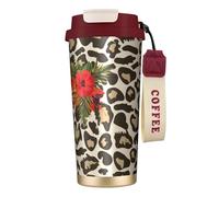 YXDVPALNE Fleur d'hibiscus léopard,Tasse à café isotherme en acier inoxydable 316 avec cordon, 500 ml, idéale pour les voyages en voiture