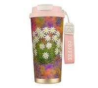 YXDVPALNE Fleurs d'Edelweiss suisses,Tasse à café isotherme en acier inoxydable 316 avec cordon, 500 ml, idéale pour les voyages en voiture