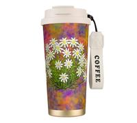 YXDVPALNE Fleurs d'Edelweiss suisses,Tasse à café isotherme en acier inoxydable 316 avec cordon, 500 ml, idéale pour les voyages en voiture