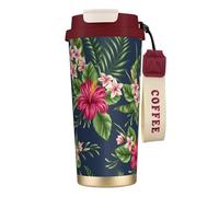 YXDVPALNE Fleurs tropicales Frangipanier Hibiscus,Tasse à café isotherme en acier inoxydable 316 avec cordon, 500 ml, idéale pour les voyages en voiture