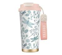 YXDVPALNE Fougère libellule bleue botanique,Tasse à café isotherme en acier inoxydable 316 avec cordon, 500 ml, idéale pour les voyages en voiture