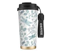 YXDVPALNE Fougère libellule bleue botanique,Tasse à café isotherme en acier inoxydable 316 avec cordon, 500 ml, idéale pour les voyages en voiture