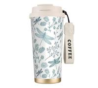 YXDVPALNE Fougère libellule bleue botanique,Tasse à café isotherme en acier inoxydable 316 avec cordon, 500 ml, idéale pour les voyages en voiture