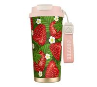 YXDVPALNE Fraise et fleur,Tasse à café isotherme en acier inoxydable 316 avec cordon, 500 ml, idéale pour les voyages en voiture