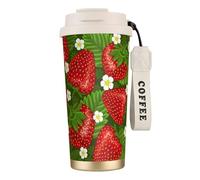 YXDVPALNE Fraise et fleur,Tasse à café isotherme en acier inoxydable 316 avec cordon, 500 ml, idéale pour les voyages en voiture