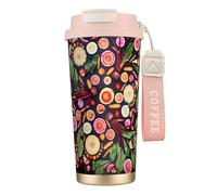 YXDVPALNE Fruits et légumes vivants végétaliens à imprimer,Tasse à café isotherme en acier inoxydable 316 avec cordon, 500 ml, idéale pour les voyages en voiture