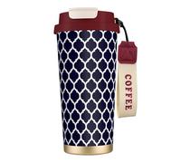 YXDVPALNE Géométrique marocain bleu marine moderne,Tasse à café isotherme en acier inoxydable 316 avec cordon, 500 ml, idéale pour les voyages en voiture