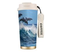 YXDVPALNE Grand dauphin commun,Tasse à café isotherme en acier inoxydable 316 avec cordon, 500 ml, idéale pour les voyages en voiture
