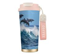 YXDVPALNE Grand dauphin commun,Tasse à café isotherme en acier inoxydable 316 avec cordon, 500 ml, idéale pour les voyages en voiture
