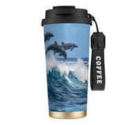 YXDVPALNE Grand dauphin commun,Tasse à café isotherme en acier inoxydable 316 avec cordon, 500 ml, idéale pour les voyages en voiture