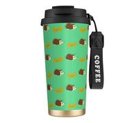 YXDVPALNE Hérissons et feuilles,Tasse à café isotherme en acier inoxydable 316 avec cordon, 500 ml, idéale pour les voyages en voiture