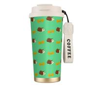 YXDVPALNE Hérissons et feuilles,Tasse à café isotherme en acier inoxydable 316 avec cordon, 500 ml, idéale pour les voyages en voiture