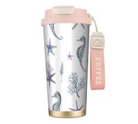 YXDVPALNE Hippocampe Corail Étoile de mer Mer Été,Tasse à café isotherme en acier inoxydable 316 avec cordon, 500 ml, idéale pour les voyages en voiture