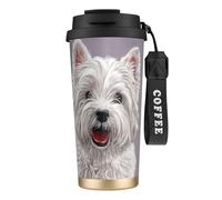 YXDVPALNE Impression artistique d'un adorable chien West Highland Terrier,Tasse à café isotherme en acier inoxydable 316 avec cordon, 500 ml, idéale pour les voyages en voiture