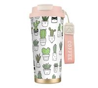 YXDVPALNE Imprimé cactus dessiné à la main,Tasse à café isotherme en acier inoxydable 316 avec cordon, 500 ml, idéale pour les voyages en voiture