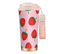 YXDVPALNE Imprimé fraise rose kawaii,Tasse à café isotherme en acier inoxydable 316 avec cordon, 500 ml, idéale pour les voyages en voiture