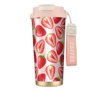 YXDVPALNE Imprimé fraise rose kawaii,Tasse à café isotherme en acier inoxydable 316 avec cordon, 500 ml, idéale pour les voyages en voiture