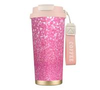 YXDVPALNE Imprimé pailleté rose scintillant,Tasse à café isotherme en acier inoxydable 316 avec cordon, 500 ml, idéale pour les voyages en voiture