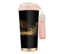 YXDVPALNE Imprimé sable noir et or,Tasse à café isotherme en acier inoxydable 316 avec cordon, 500 ml, idéale pour les voyages en voiture