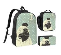 YXDVPALNE J'aime les carlins,Ensemble de 3 sacs à dos, sac à lunch et trousse pour étudiant