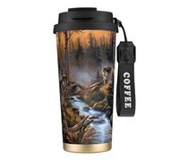 YXDVPALNE La faune des loups,Tasse à café isotherme en acier inoxydable 316 avec cordon, 500 ml, idéale pour les voyages en voiture
