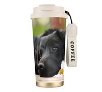 YXDVPALNE Labrador noir Camomille Chiens Retriever Noirs,Tasse à café isotherme en acier inoxydable 316 avec cordon, 500 ml, idéale pour les voyages en voiture