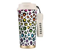 YXDVPALNE Léopard arc-en-ciel,Tasse à café isotherme en acier inoxydable 316 avec cordon, 500 ml, idéale pour les voyages en voiture