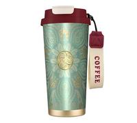YXDVPALNE Mandala celtique vert sauge doux et or,Tasse à café isotherme en acier inoxydable 316 avec cordon, 500 ml, idéale pour les voyages en voiture