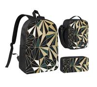 YXDVPALNE Nouveau motif géométrique Art déco vert émeraude et or,Ensemble de 3 sacs à dos, sac à lunch et trousse pour étudiant