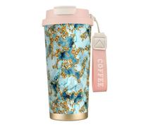 YXDVPALNE Paillettes dorées, bleu sarcelle, marbre texturé,Tasse à café isotherme en acier inoxydable 316 avec cordon, 500 ml, idéale pour les voyages en voiture
