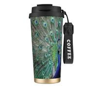 YXDVPALNE Paon affichant ses plumes, ailes ouvertes,Tasse à café isotherme en acier inoxydable 316 avec cordon, 500 ml, idéale pour les voyages en voiture