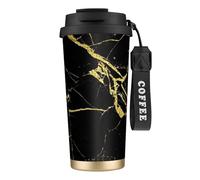 YXDVPALNE Papier peint imprimé noir et or,Tasse à café isotherme en acier inoxydable 316 avec cordon, 500 ml, idéale pour les voyages en voiture