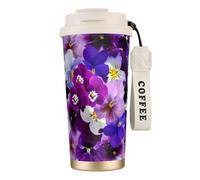YXDVPALNE Pensée graphique Fleurs de printemps de Pâques,Tasse à café isotherme en acier inoxydable 316 avec cordon, 500 ml, idéale pour les voyages en voiture