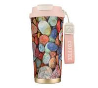 YXDVPALNE Pierres colorées imprimées,Tasse à café isotherme en acier inoxydable 316 avec cordon, 500 ml, idéale pour les voyages en voiture