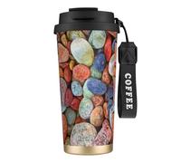 YXDVPALNE Pierres colorées imprimées,Tasse à café isotherme en acier inoxydable 316 avec cordon, 500 ml, idéale pour les voyages en voiture