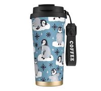 YXDVPALNE Pingouins mignons et flocons de neige,Tasse à café isotherme en acier inoxydable 316 avec cordon, 500 ml, idéale pour les voyages en voiture