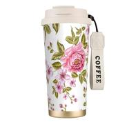 YXDVPALNE Pivoines rose paille,Tasse à café isotherme en acier inoxydable 316 avec cordon, 500 ml, idéale pour les voyages en voiture