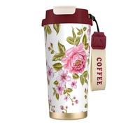 YXDVPALNE Pivoines rose paille,Tasse à café isotherme en acier inoxydable 316 avec cordon, 500 ml, idéale pour les voyages en voiture