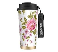 YXDVPALNE Pivoines rose paille,Tasse à café isotherme en acier inoxydable 316 avec cordon, 500 ml, idéale pour les voyages en voiture