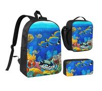 YXDVPALNE Poissons tropicaux colorés, corail nageant dans les profondeurs de l'océan,Ensemble de 3 sacs à dos, sac à lunch et trousse pour étudiant